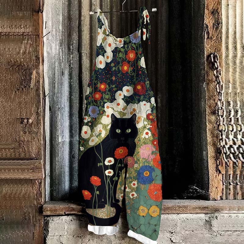 Vintage Black Cat In Garden Printed Casual Jumpsuit elevenforest
