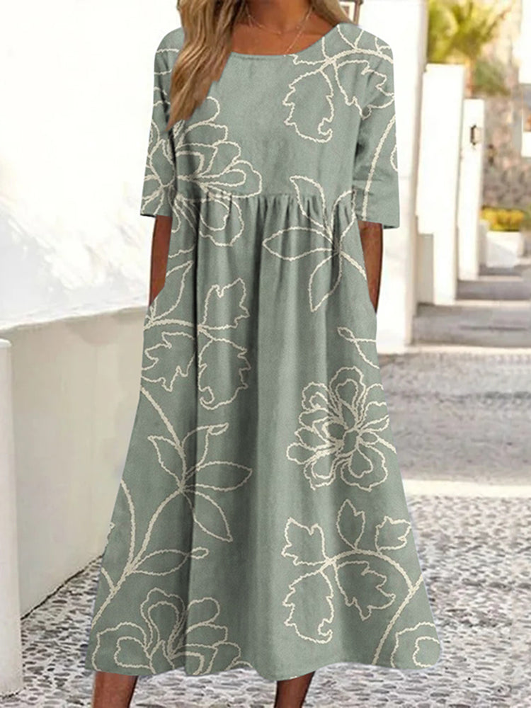 Women's Vintage Floral Print Linen Dress artswardrobe