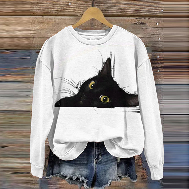 Abstract Creative Lazy Black Cat Print Crew Neck Casual Sweatshirt elevenforest