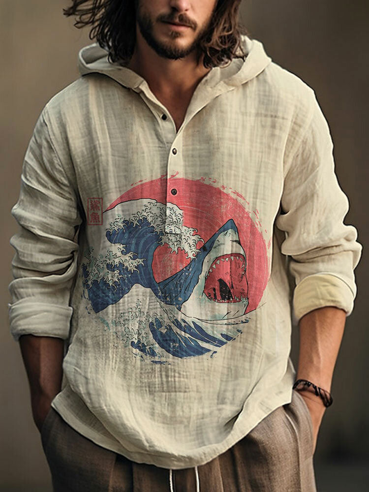 Japanese Art Ocean Shark Print Cotton Blend Hoodie