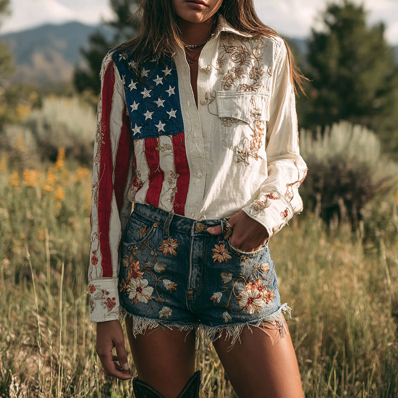 Comstylish Women's Vintage Flag Floral Embroidered Tribal Shirt