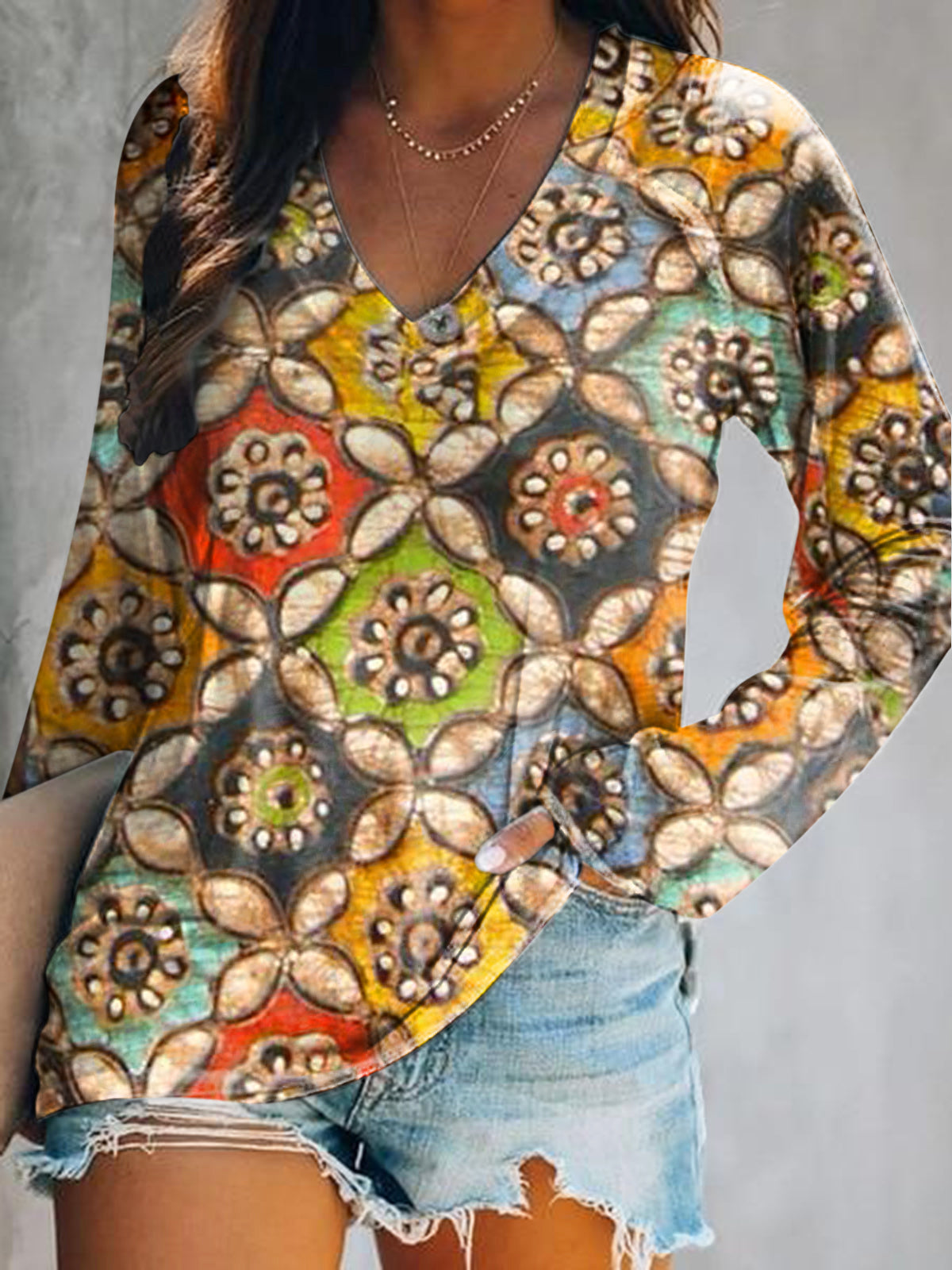 Women's Vintage Bohemian Floral Art Print Casual V Neck Long Sleeve To
