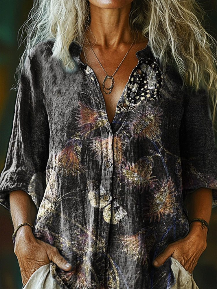 Women's Bohemian Floral Art Print Casual Cotton Linen Shirt