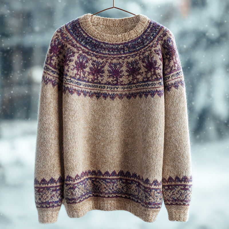 Women's Vintage Fair Isle Thistle Knit Jacquard Crew Neck Sweater elevenforest