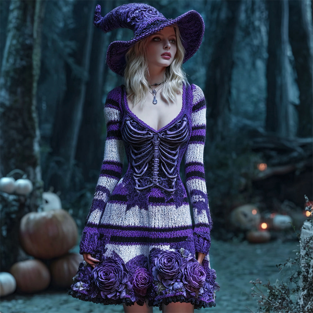 Halloween Skeleton Floral Stripe Art Women's Knit V-neck Mini Dress artswardrobe