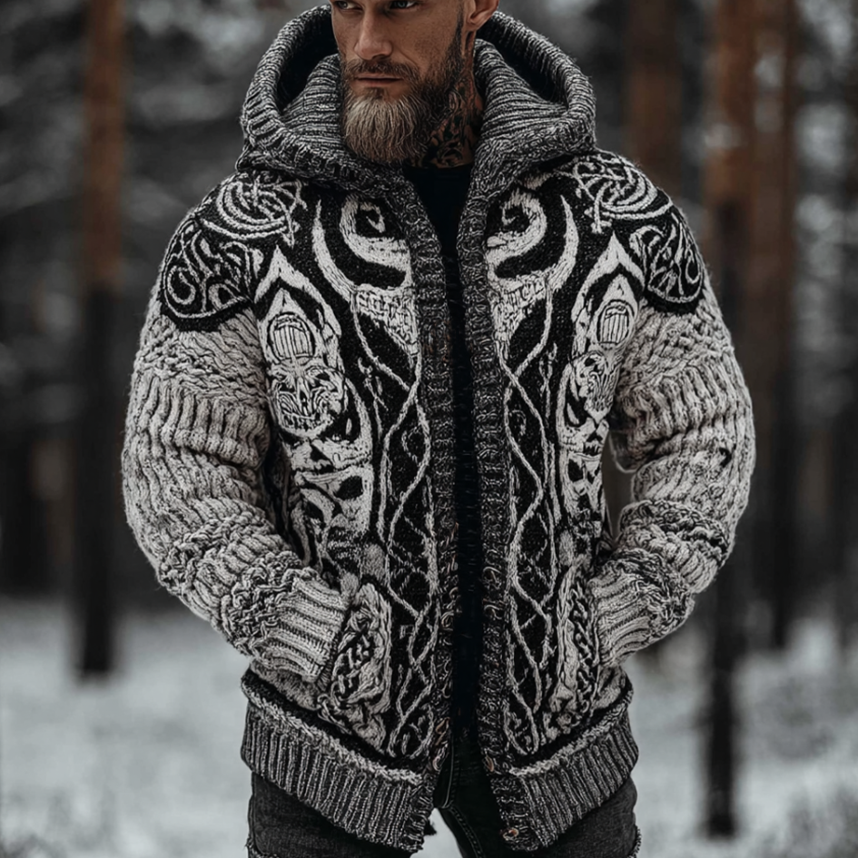 Viking Style Winter Men's Warm Hooded Knit Sweater Jacket artswardrobe