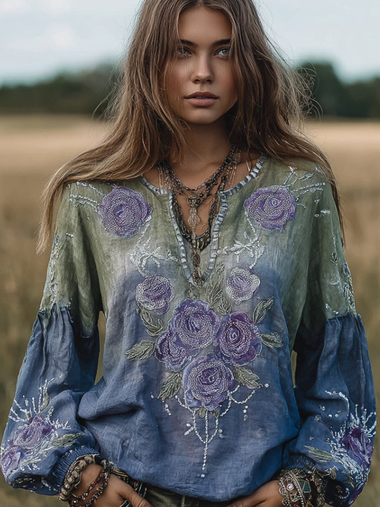 Comstylish Women's Embroidery Rose Gradient Casual Long-sleeved Shirt