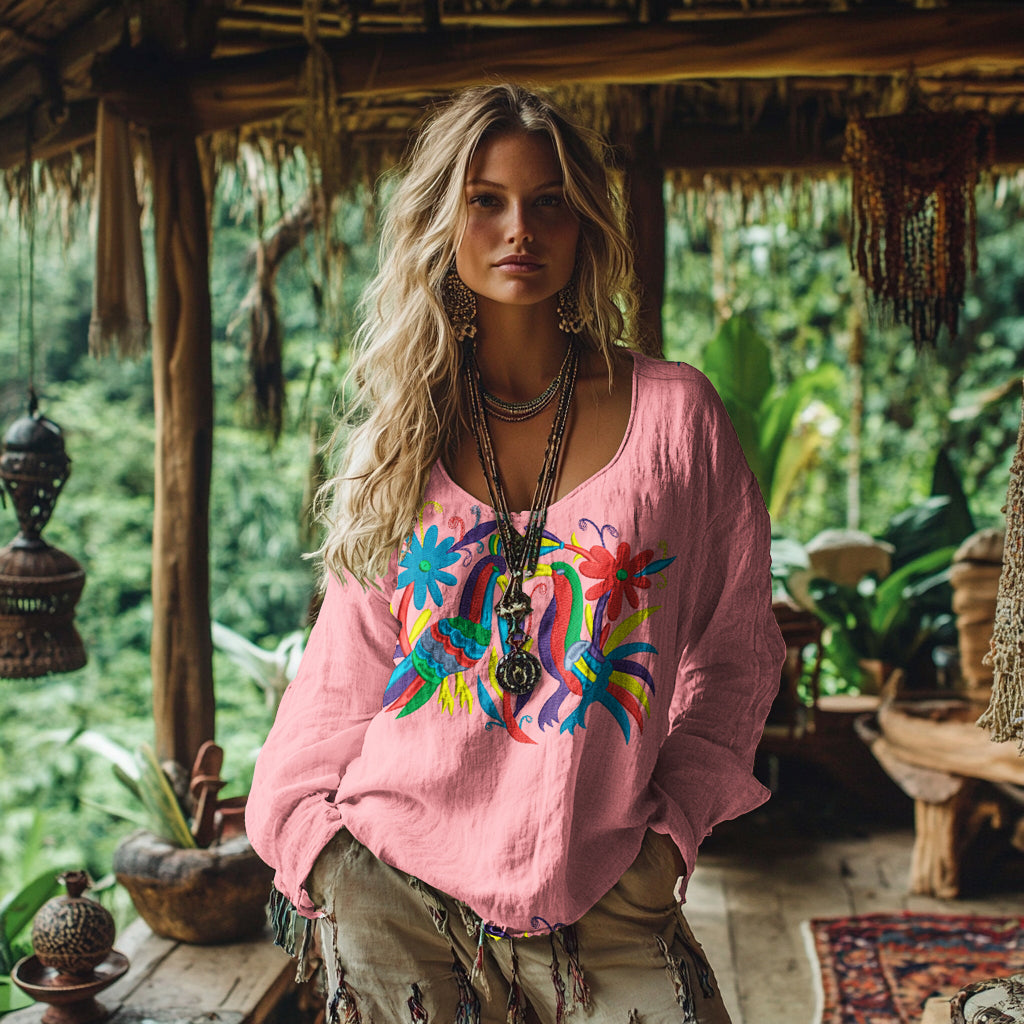 Women's Floral And Bird Art Print Cotton And Linen Shirt artswardrobe