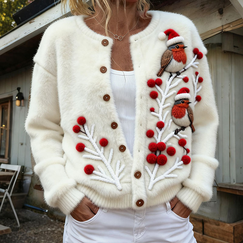 Christmas Snow Scene Robin Women's Comfortable Fleece Cardigan