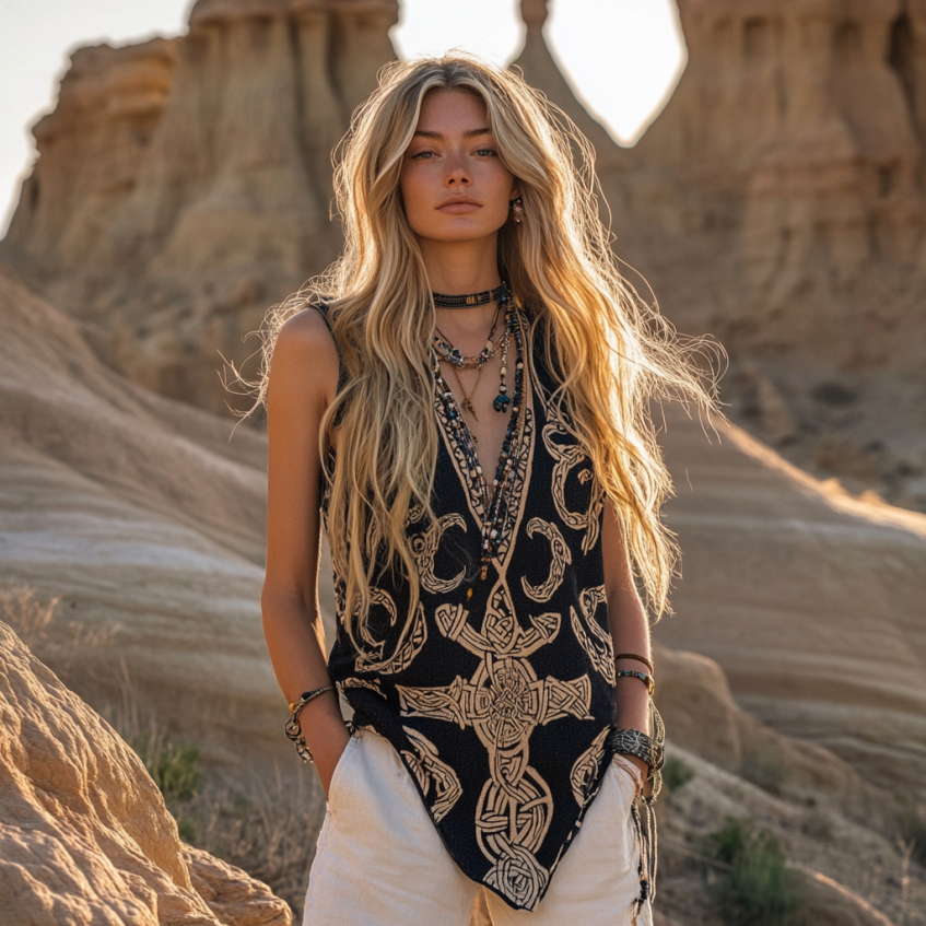 Women's Viking Tribal With Celtic Knot Pattern Art Linen Sleeveless Top artswardrobe