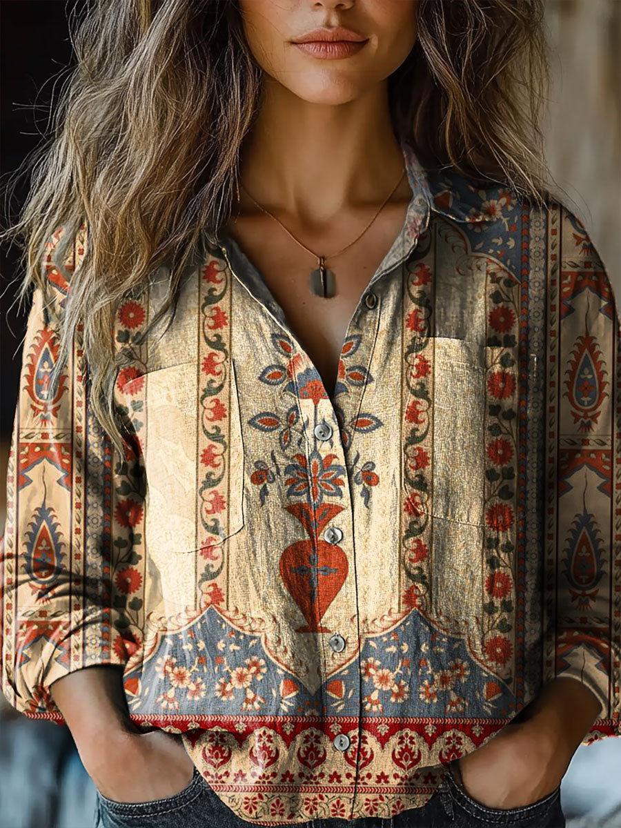 Women's Retro Floral Ethnic Pattern Art Print Casual Long Sleeve Comfo