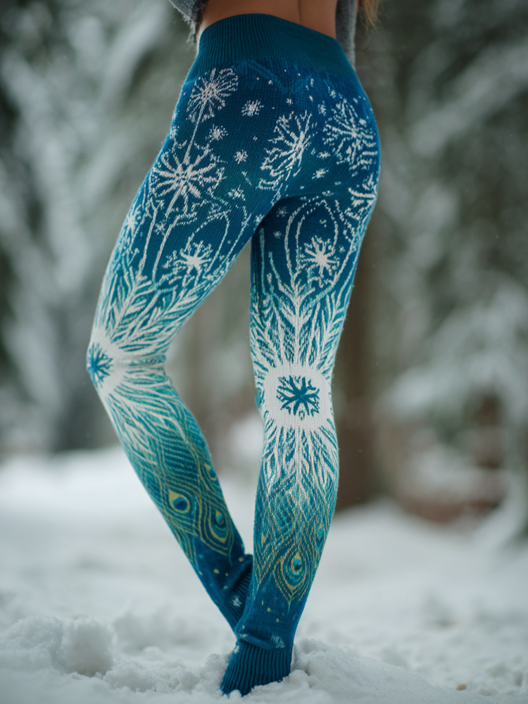 Comstylish Ice And Snow Peacock Pattern Printed Women's Winter Knitted Tight-fitting Leggings