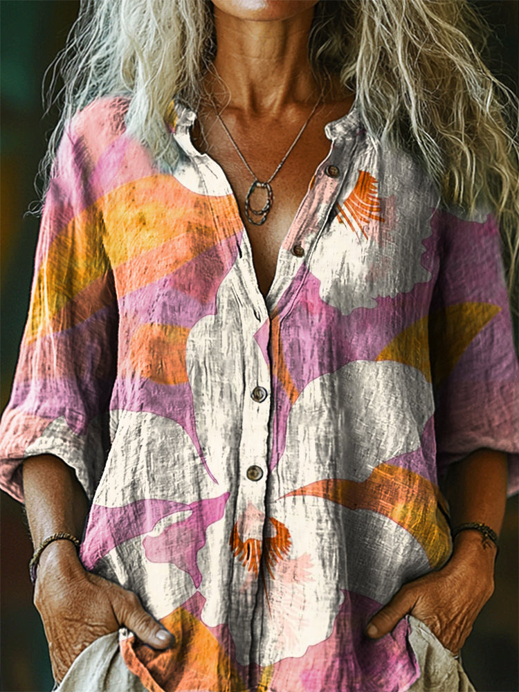 Women's Bohemian Floral Art Print Casual Cotton Linen Shirt