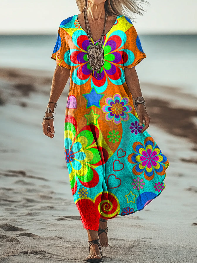 Women's Vintage Floral Art Print Pocket Cotton Dress