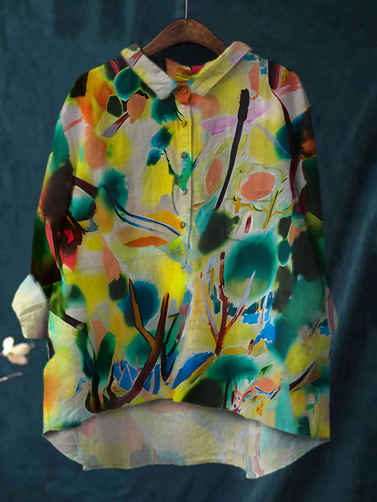 Women's Colorful Print Casual Cotton And Linen Shirt