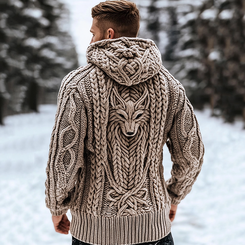 Men's Viking Tribal Wolf Celtic Chunky Knit Hooded Sweater artswardrobe