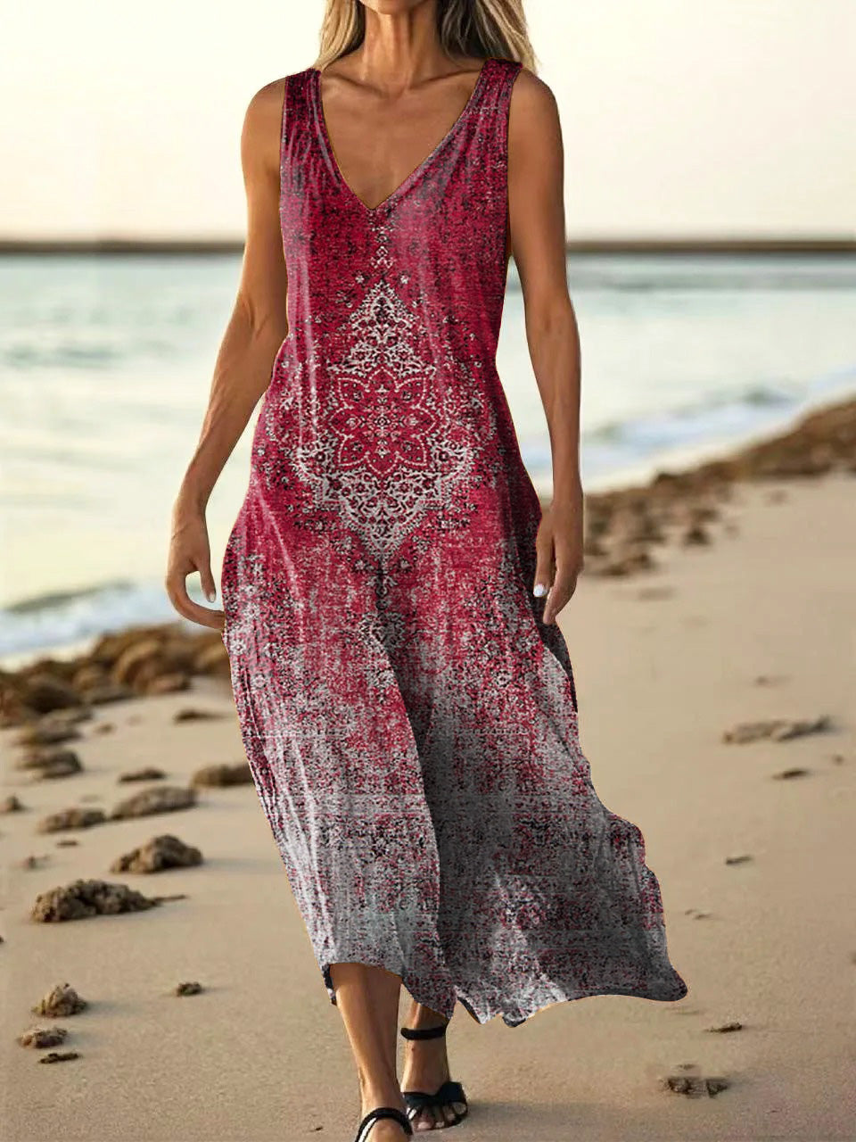 Women's Gradient Ethnic Totem Art Print V Neck Sleeveless Pocket Cotto