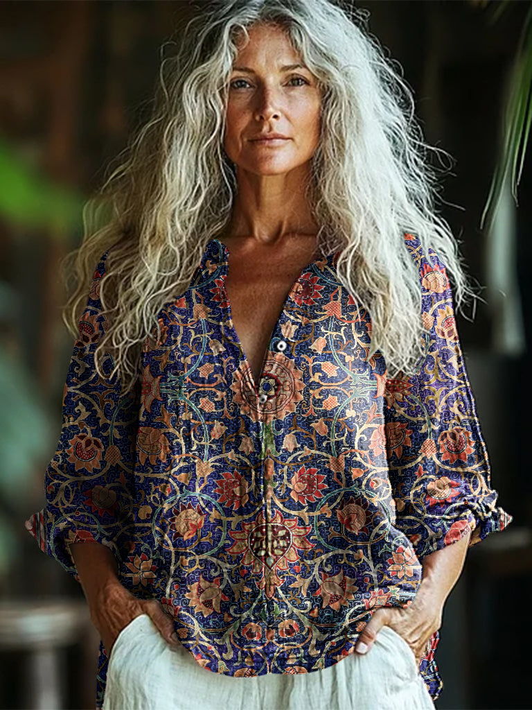 Bohemian Style Holland Park Morris Linen Print Long Sleeve Shirt artswardrobe