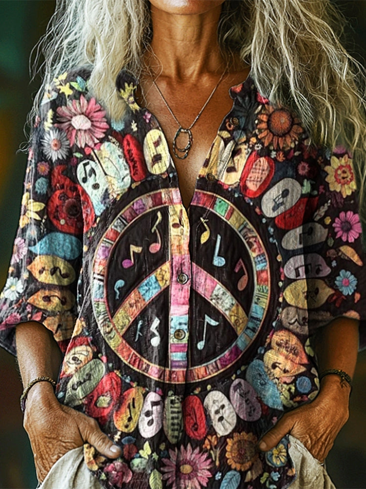 Women's Hippie Peace Note Art Pattern Print Casual Cotton Linen Shirt