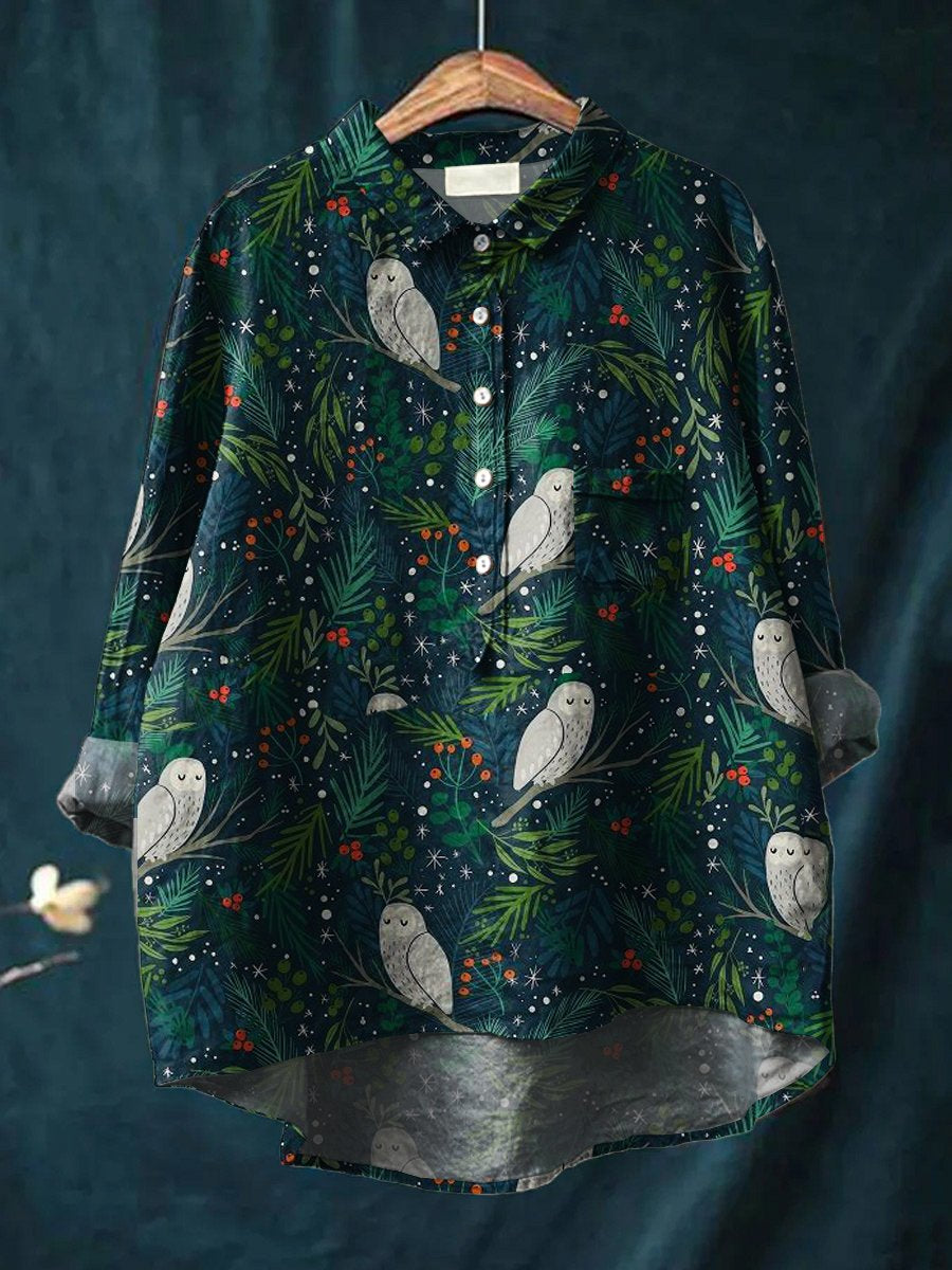 Women's Floral Owl Art Print Casual Cotton And Linen Shirt