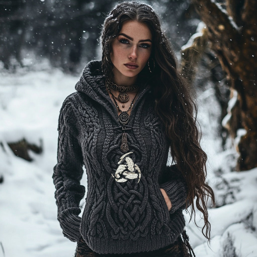 Women's Viking Tribal Witch Inspired Chunky Knit Hooded Sweater artswardrobe