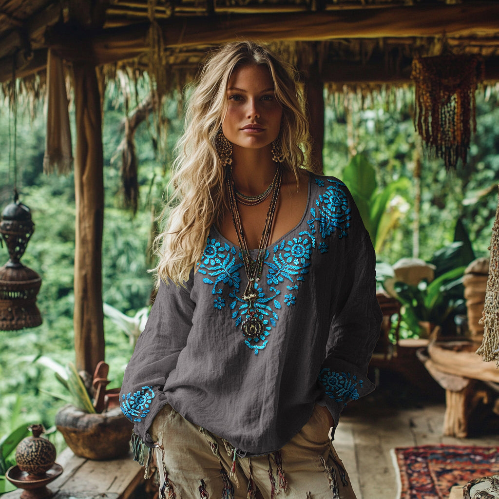 Vintage Floral Art Cotton Linen Casual Shirt artswardrobe