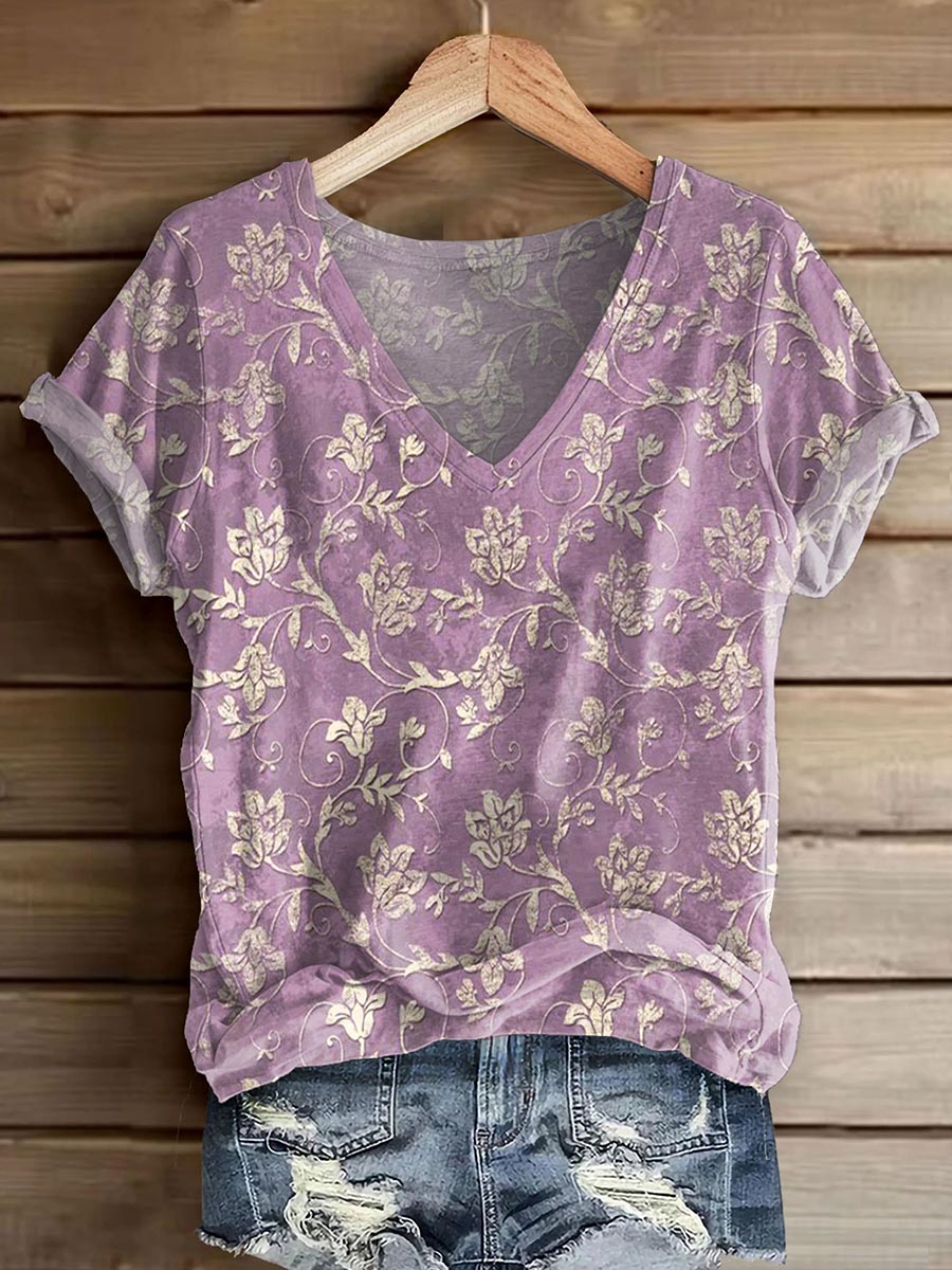 Women's Vintage Folk Art Print V-neck Casual T-Shirt