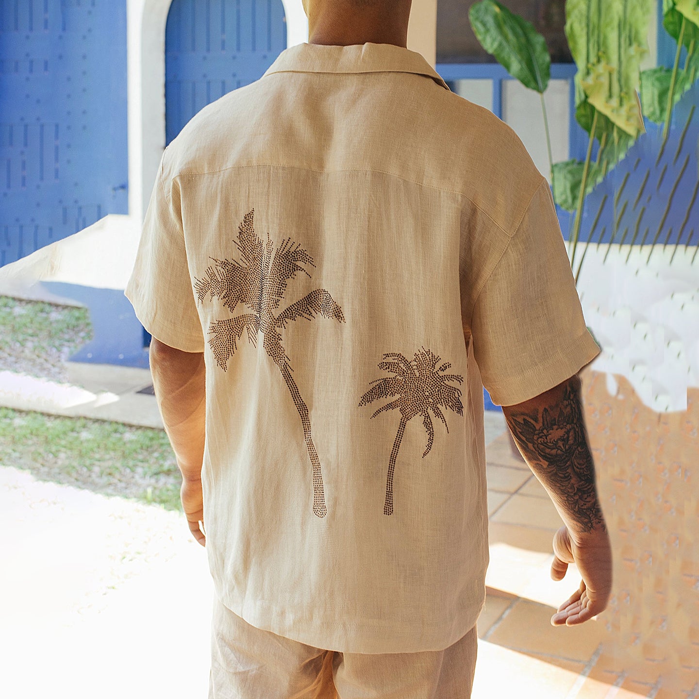 Men's Crystal Palm Tree Linen Shirt artswardrobe