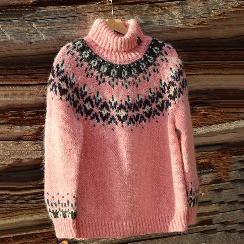 Pink Awareness Jacquard Cozy Knit Turtleneck Pullover Sweater elevenforest