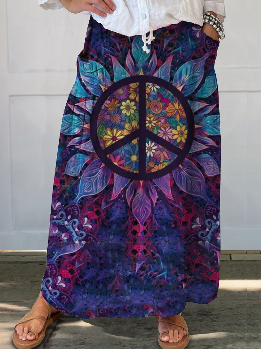 Floral Hippie Pattern Art Print Linen Pocket Skirt