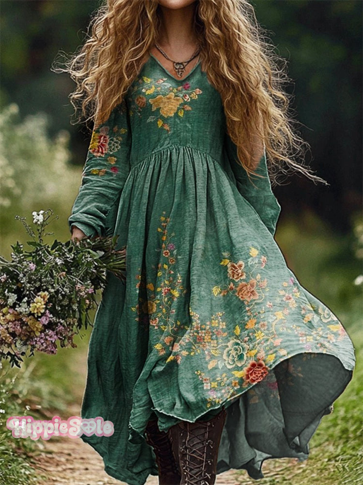 Women's Retro Ethnic Floral Art Pattern Print V Neck Pocket Cotton Dre