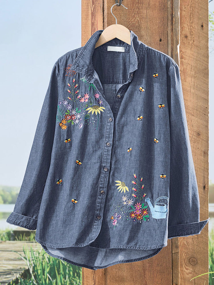 Women's Casual Floral Embroidery Print Cotton Shirt artswardrobe