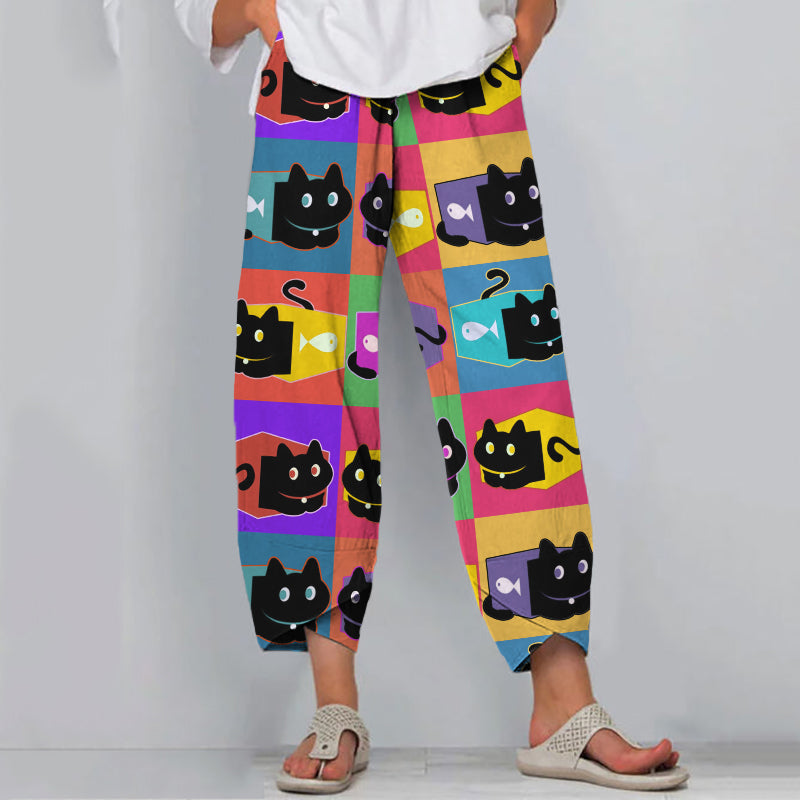 Comstylish Women's Black Cat Multicolor Pop Art Linen Blend Pants