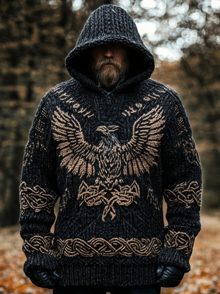 Men's Viking Raven Inspired Jacquard Cozy Hooded Sweater elevenforest