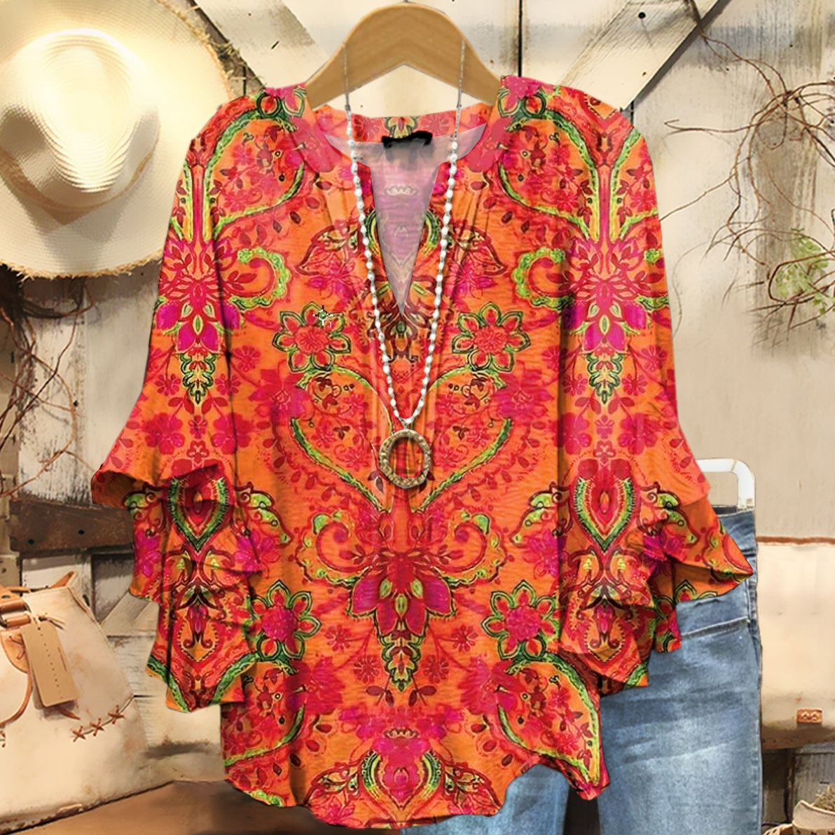 Women's Bohemian Ethnic Art Print Casual Cotton Shirt