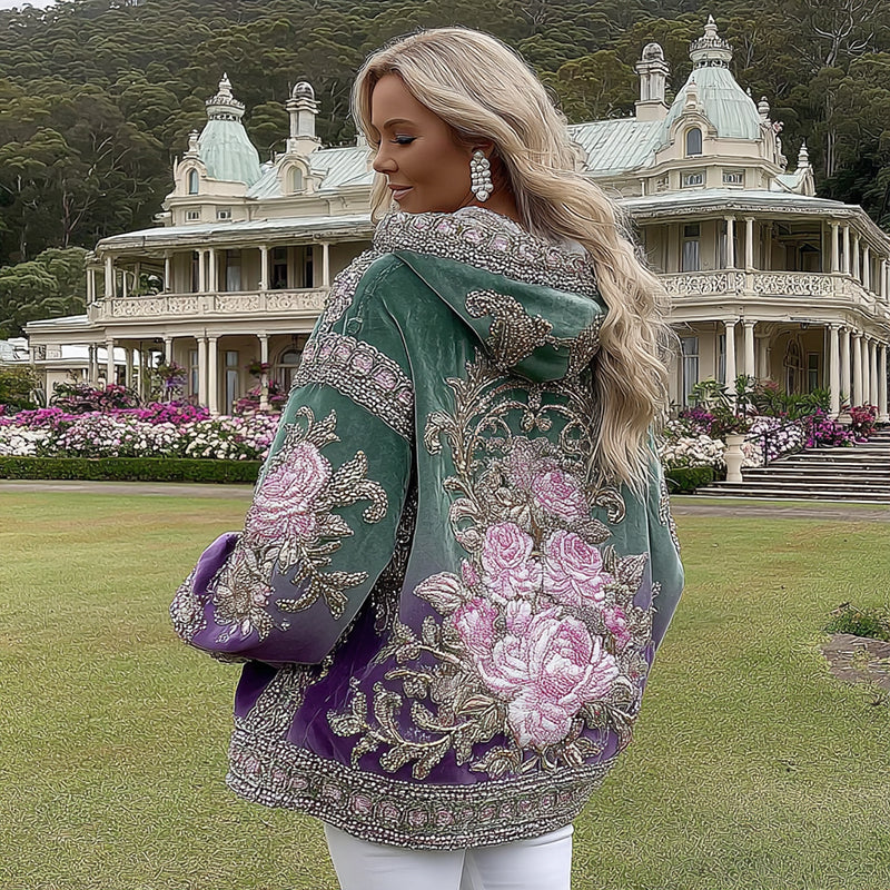 Comstylish Women's Vintage Purple Rose Gradient Cozy Warm Zip Hoodie Cardigan