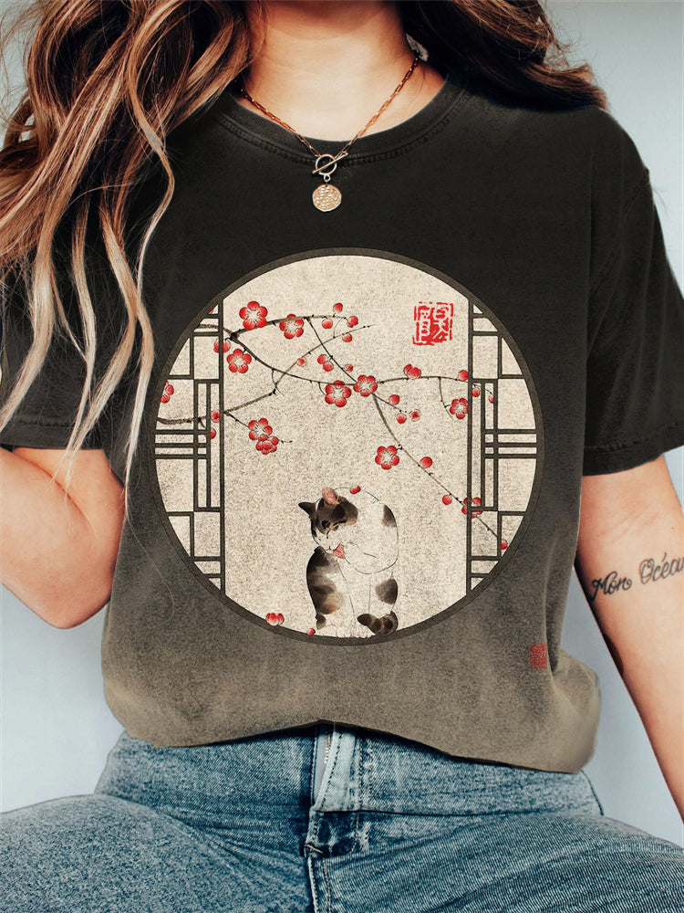 Cat Plum Blossom Window Japanese Art Vintage T Shirt elevenforest
