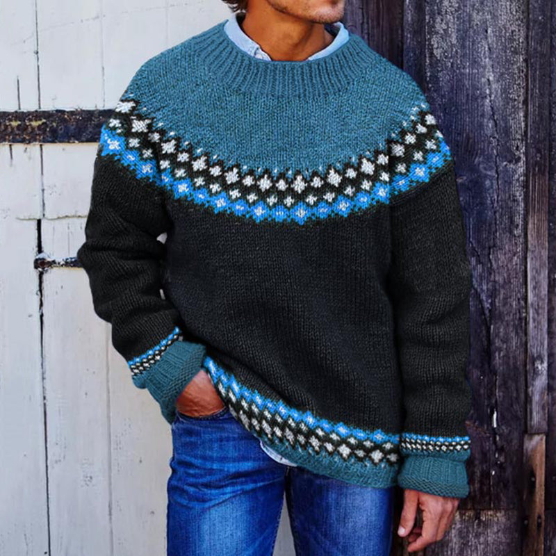 Mens Vintage Contrast Diamond Jacquard Graphic Art Cozy Sweater elevenforest