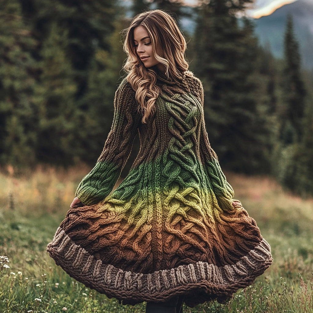 Women's Vintage Celtic Intricate Knot Jacquard Contrast Sweater Dress artswardrobe