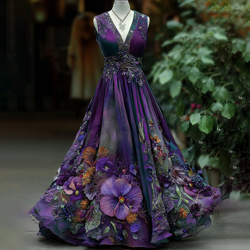 Women's Vintage Embroidered Pansy Floral Belt Vest Maxi Dress artswardrobe