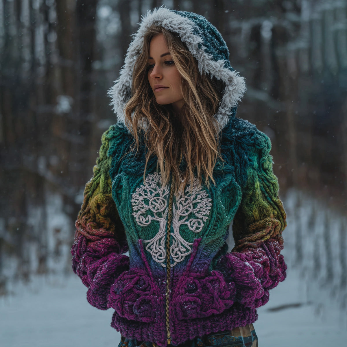 Women's Viking Retro Style Tree Of Life Pattern Knit Hooded Sweater Jacket artswardrobe