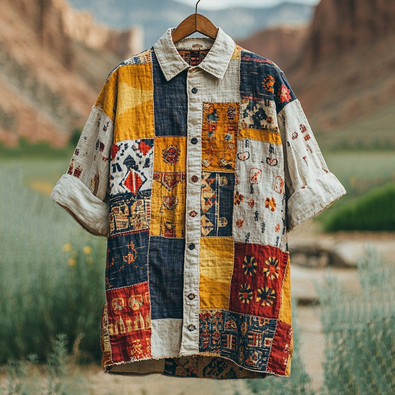 Men's Vintage Spliced Geometry contrasting Linen Shirt artswardrobe