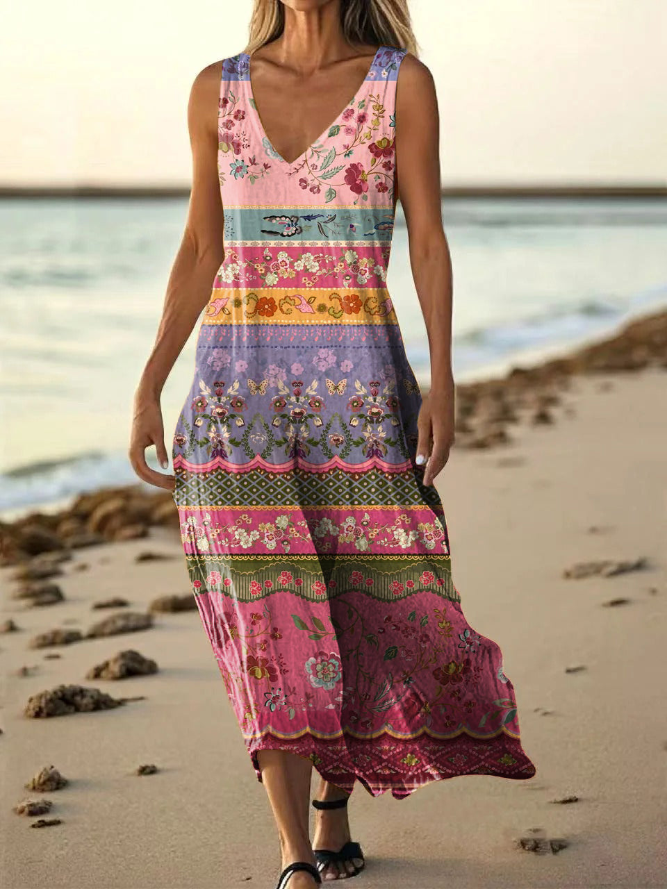 Women's Vintage Floral Art Print Pocket Cotton Dress