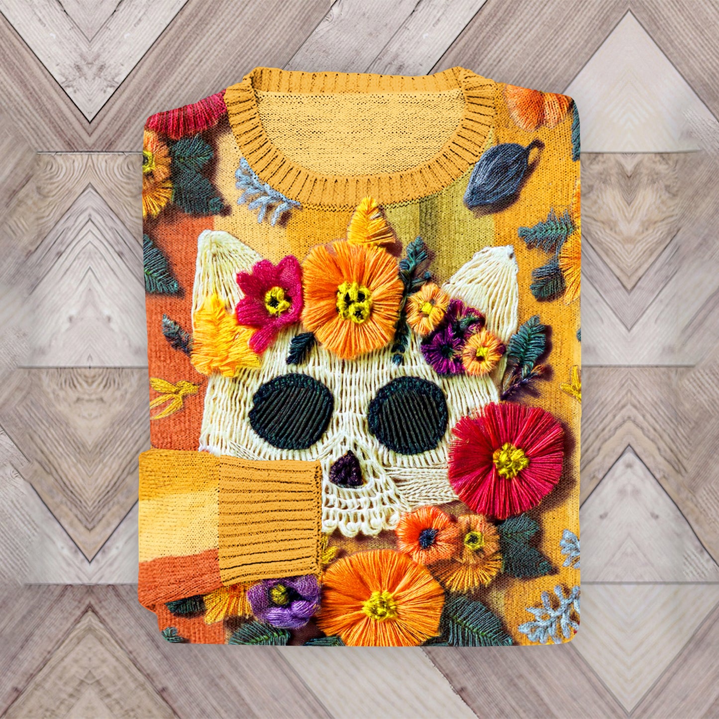 Mexican Catrina Day Of The Dead Floral Skull Embroidered Cat Art Crew Neck Sweater elevenforest