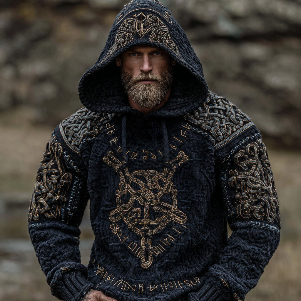 Men's Viking Runes Celtic Jacquard Art Hooded Cozy Sweater artswardrobe
