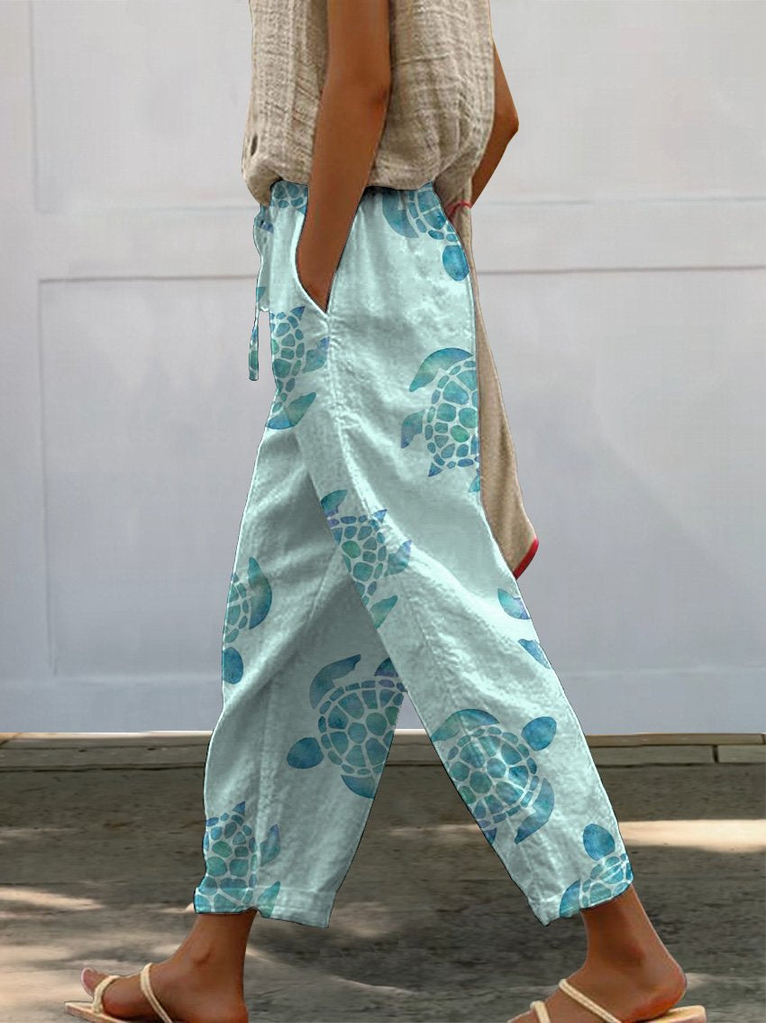 Watercolor Sea Turtle Repeat Pattern Printed Women's 100%Cotton Casual Pants