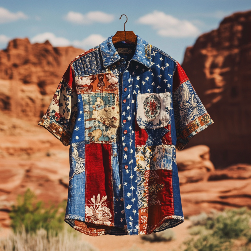 Men's Independence Day America Blue Red With Floral Pattern Art Casual Short Sleeve Shirts artswardrobe