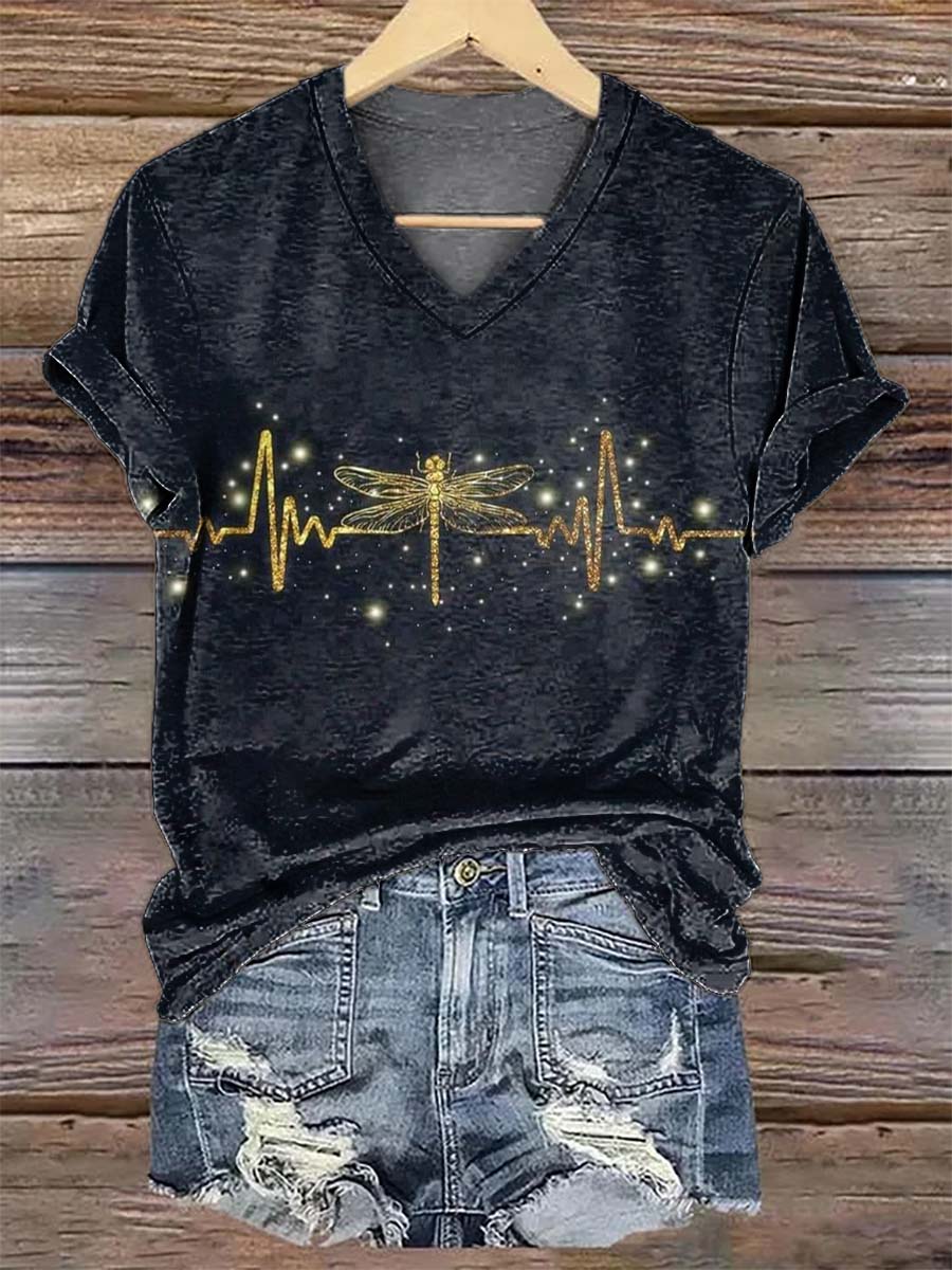 Women's Dragonfly V Neck Casual T-Shirt