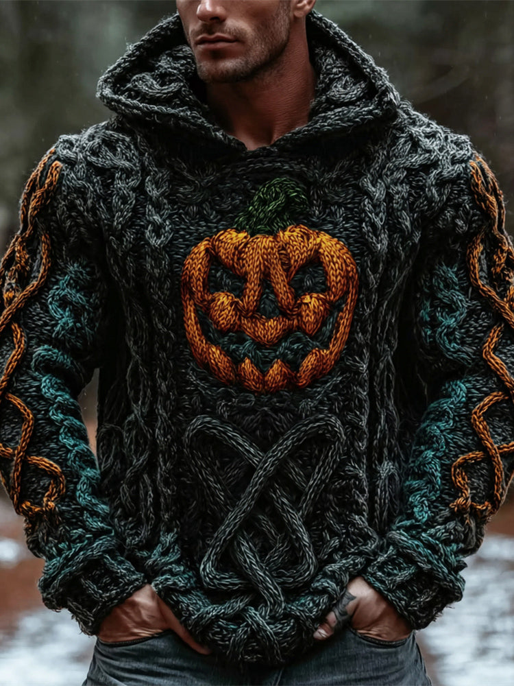 Viking Halloween Pumpkin Light Celtic Knot Men's Chunky Knit Hooded Sweater elevenforest