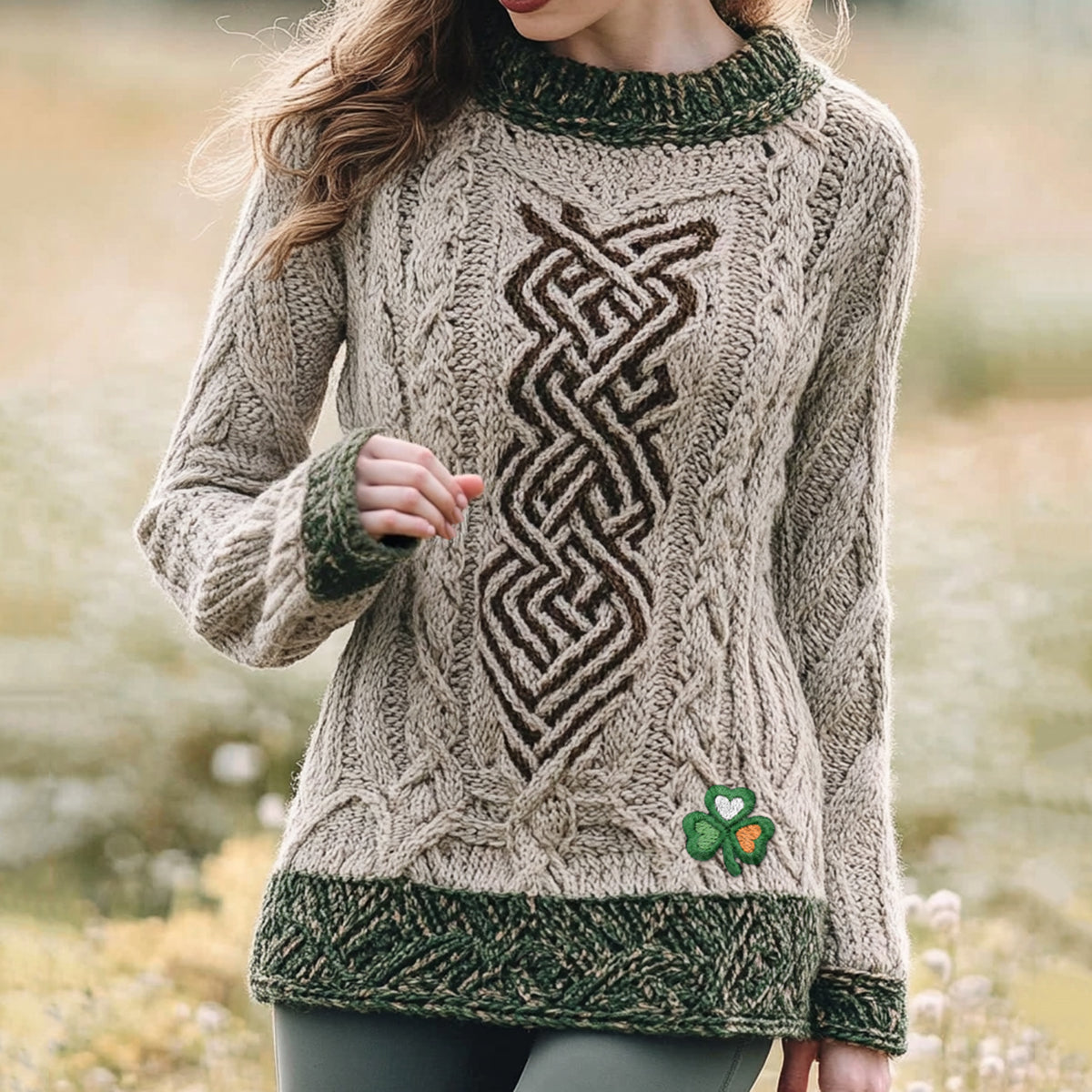 Women's Celtic Knot Jacquard Contrast Shamrock Embroidered Sweater artswardrobe